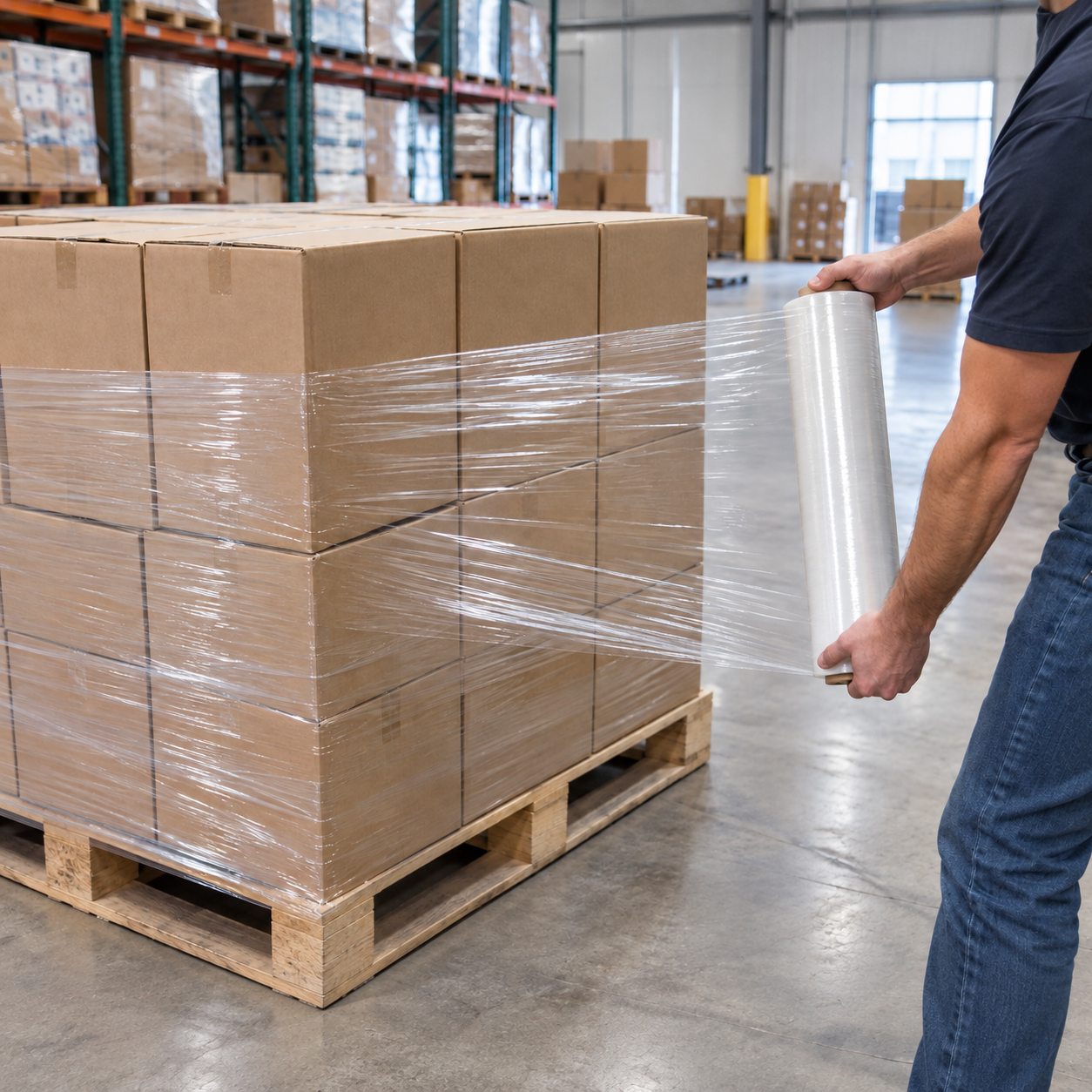 Clear cast pre-stretched hand pallet wrap roll on a cardboard core
